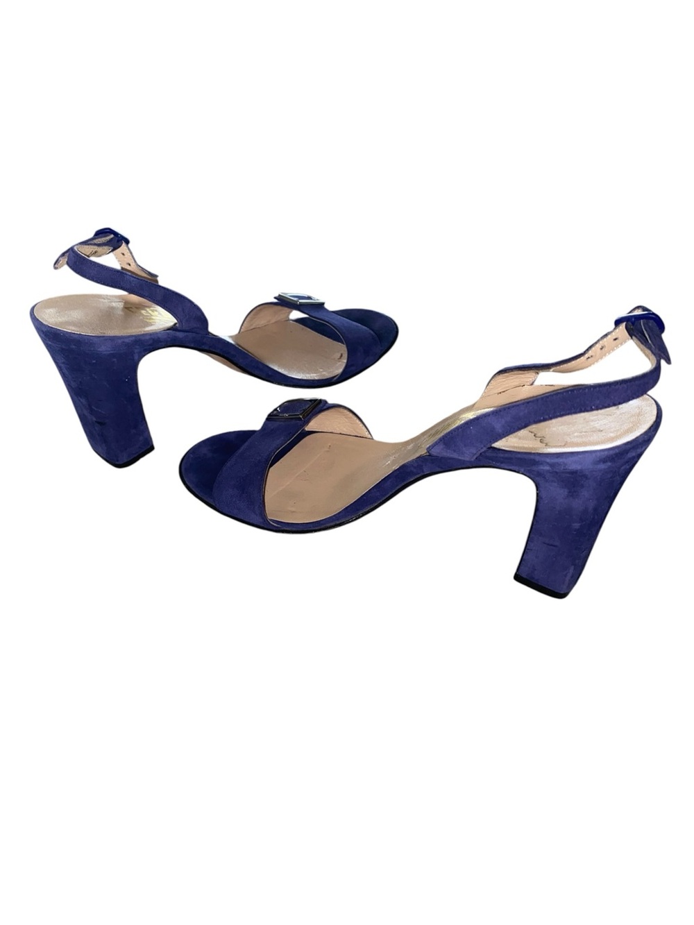 Vintage y2k Salvatore Ferragamo Blue Suede Slingback Block Heels Silver Buckle - Picture 13 of 16